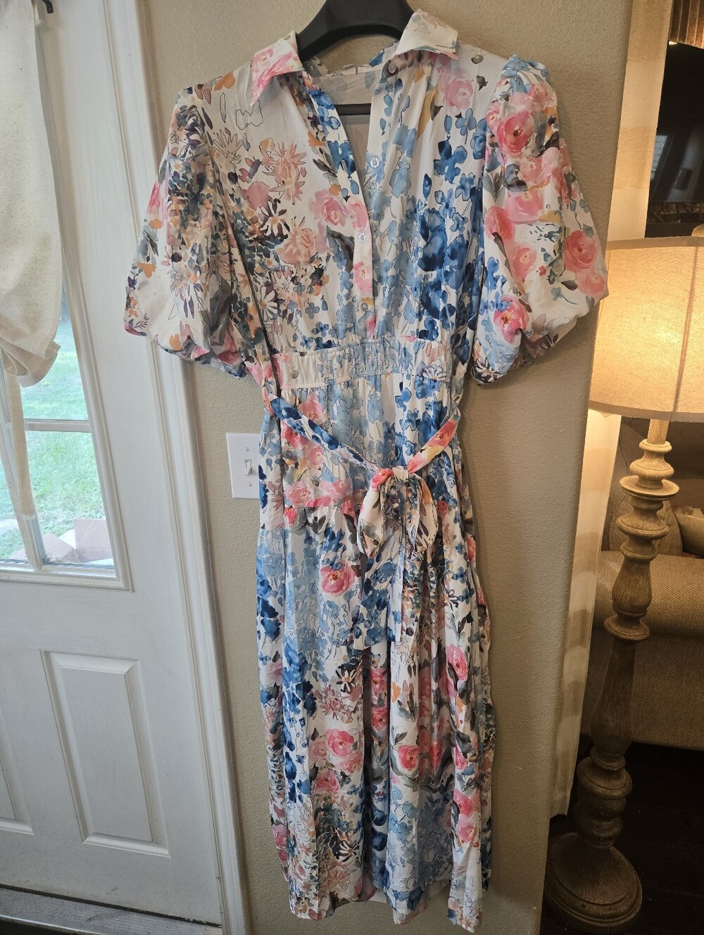 Floral Tie-Waist Midi Dress in Blue & Pink XL
